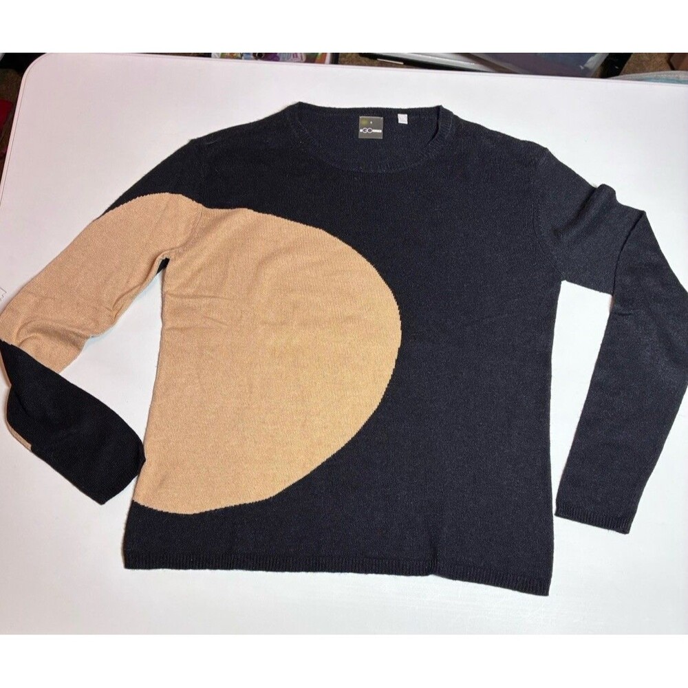 GO Silk W Sweater Sz S Silk Cashmere Knit Black Beige Colorblock Crewneck basic